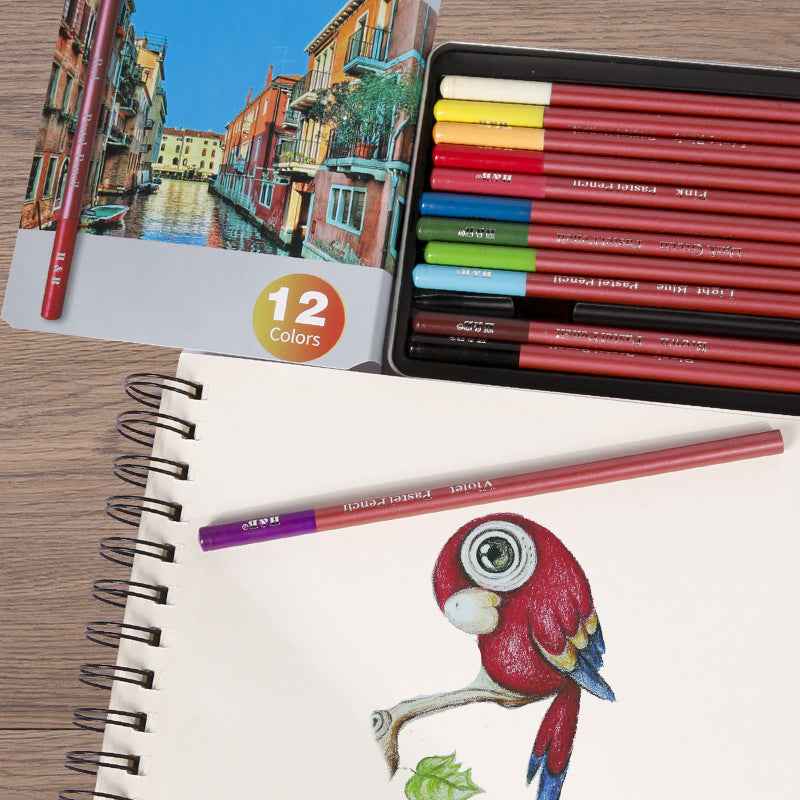 H&B Pastel Pencils, 4mm Core, Metal Tin, 12 Count