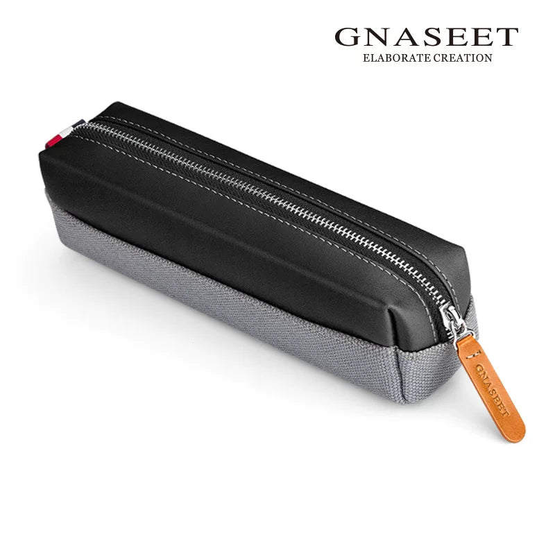 GNASEET Genuine Leather & Canvas Pencil Case – Large Capacity 20-Pen Student Stationery Pouch | 200x48x55mm Black