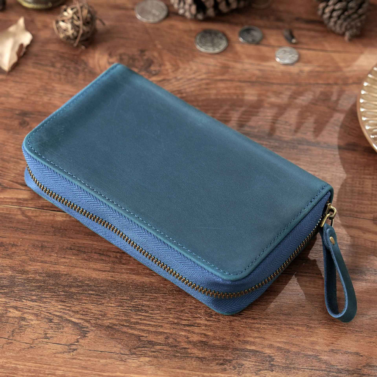 Leather Pen Case with 10 Slots – Full-Zip Fountain Pen Storage Pouch Blue