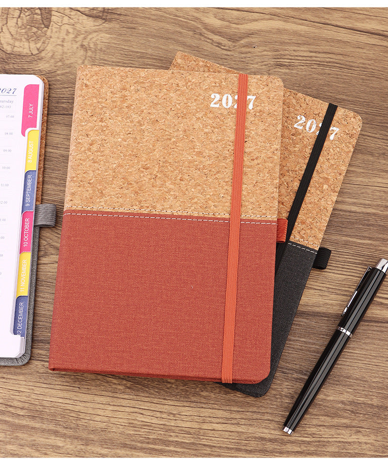 2027 A5 Planner & Business Notebook, Cork & Faux Leather Patchwork Cover, 152 Sheets, 145 × 210mm