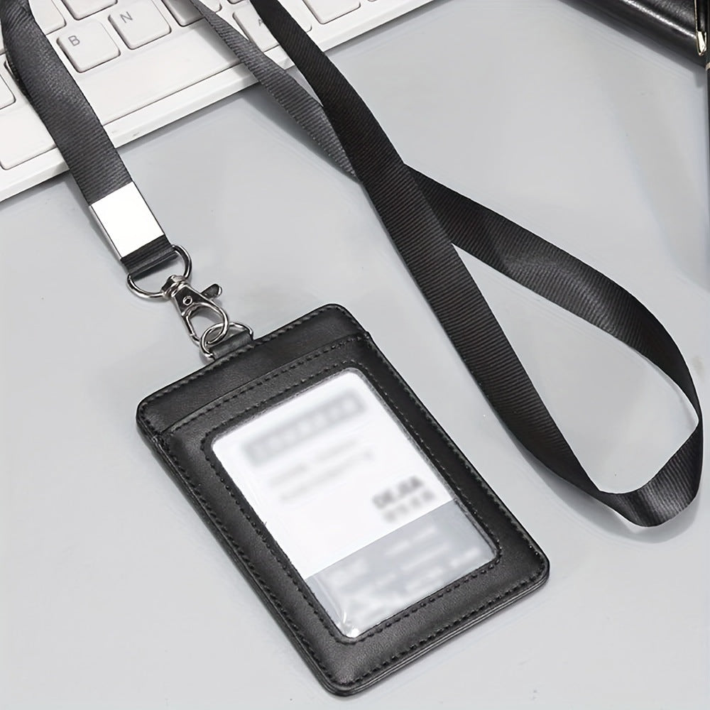 Black PU Leather ID Card Holder Set of 10 | Work Badge & Access Card Sleeve with Lanyard or Retractable Reel Clip