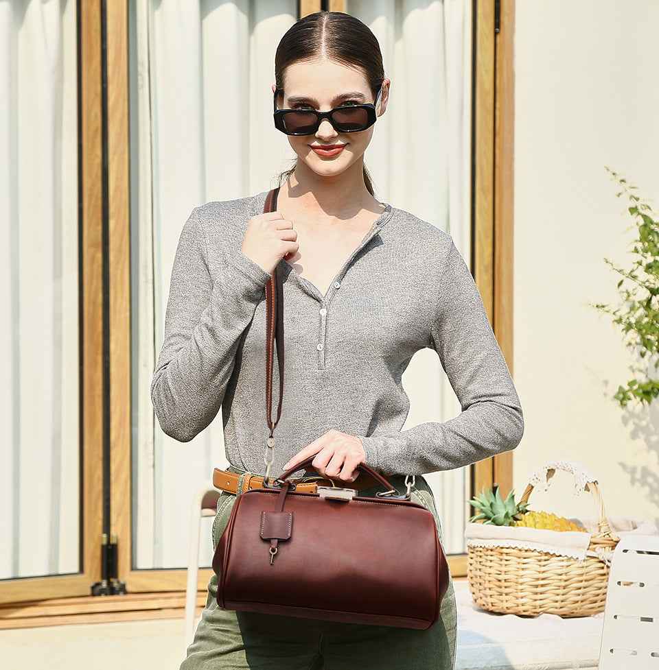 Women Luxury Leather Handbag with Lock Shoulder Doctor Bag Purse