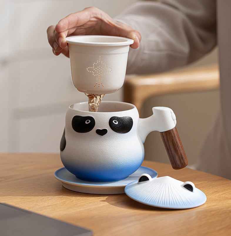 11oz Panda Tea Mug with Infuser and Lid Strainer Coaster
