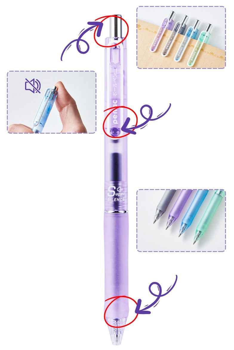 Japanese Penac Silent 0.5MM Click Gel Pen 4 Pack Transparent Barrel