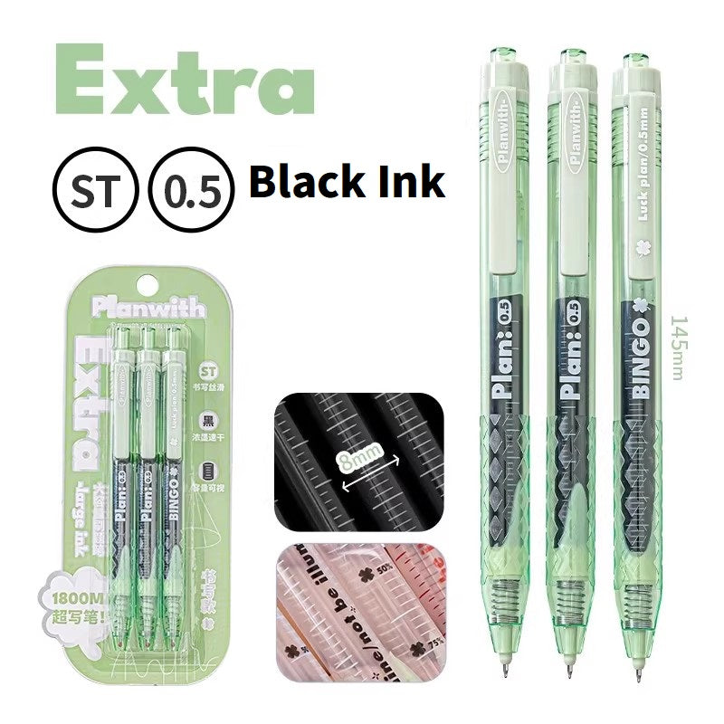 Planwith Clicker Gel Pen 0.5mm High Capacity Quick-Drying 3-Pack 3 Black G
