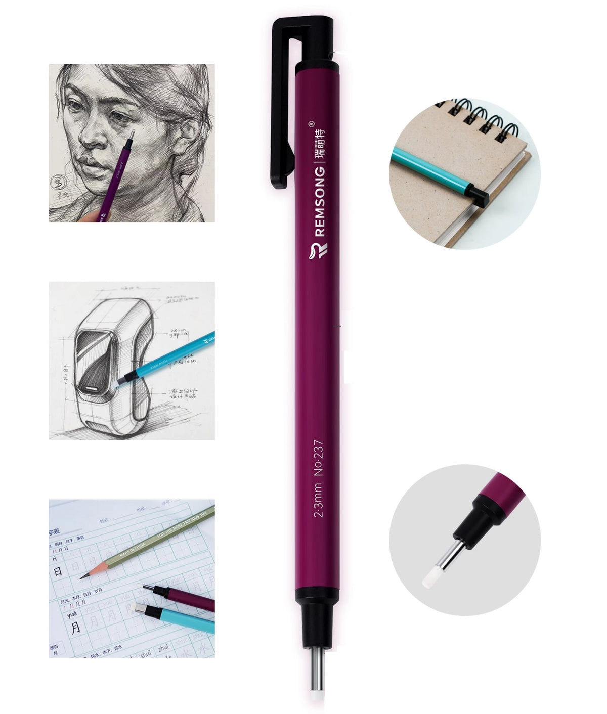 REMSONG Pen Style Eraser with Refills,Square & Round Tip