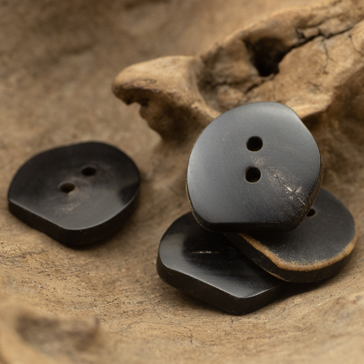 Vintage Burned Black Irregular Two-Hole Horn Buttons,10PCS
