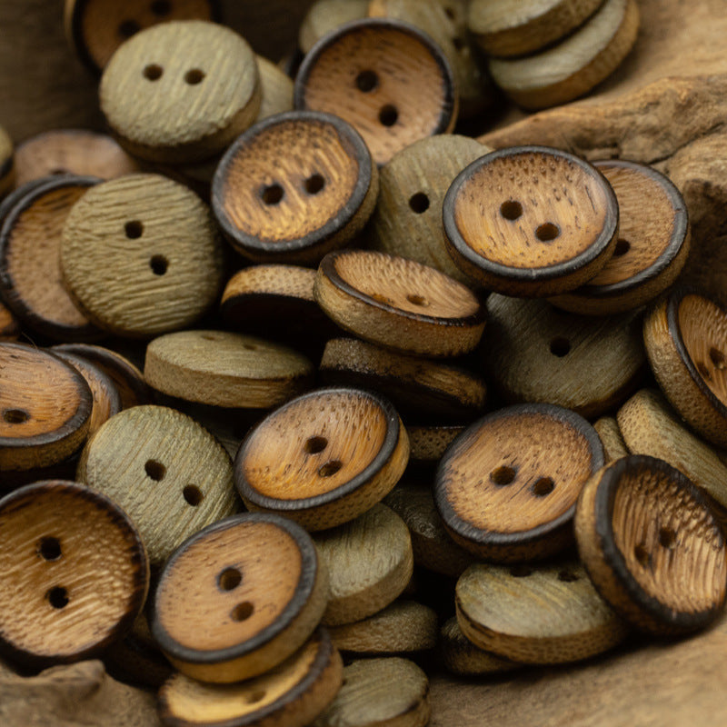 Natural Bamboo Buttons,Burnt and Distressed,10 Pack Moss Green