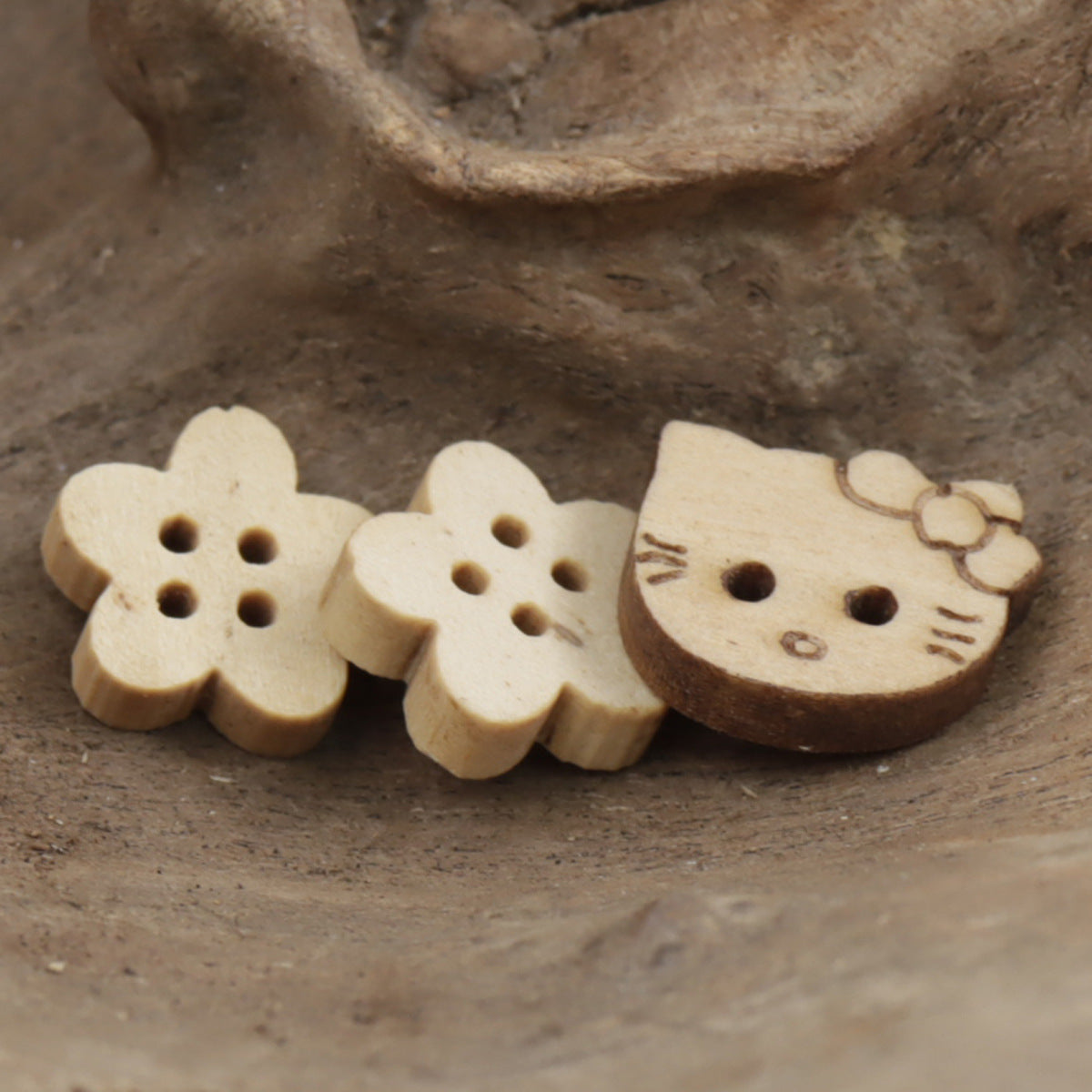 Cute Little Flower & Kitty Cat Wooden Buttons 30pcs