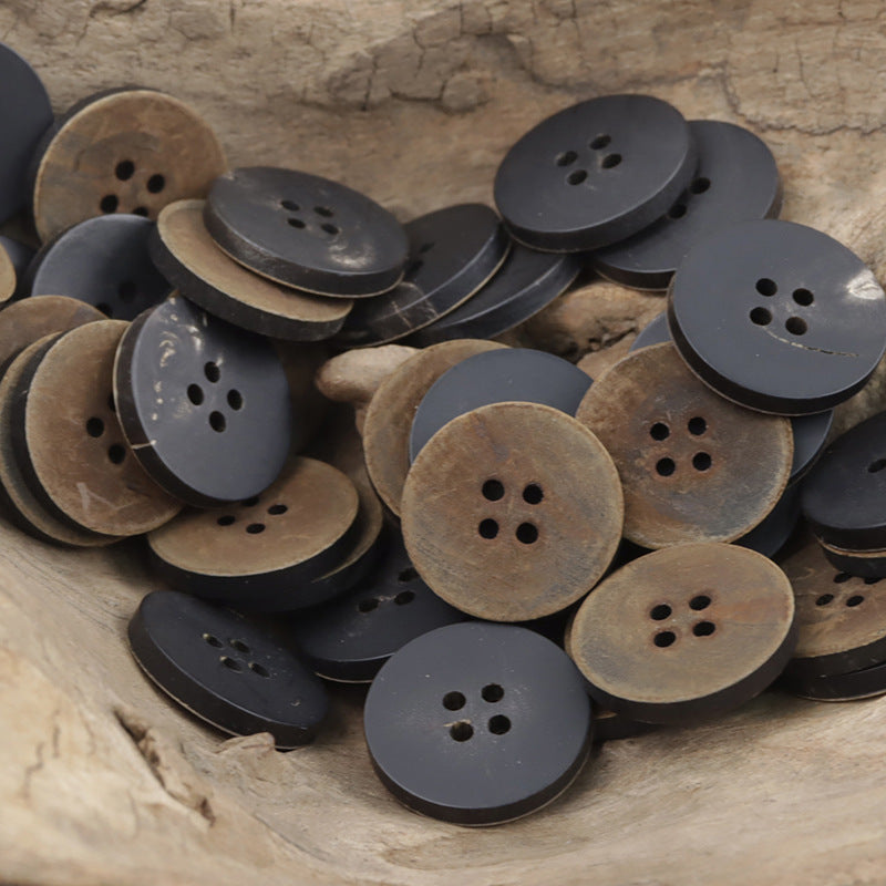 Vintage Burnt Yellowish Black Double-Sided Flat Real Horn Buttons 10pcs 25mm
