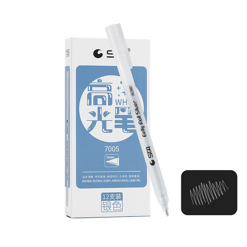 STA Gelly Roll Gel Pen 1mm Bold Tip White Gold Silver Ink 12 Pack Silver