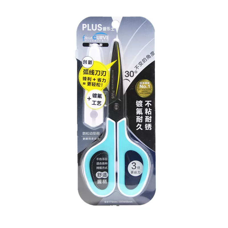 Japan PLUS SC-175SF Scissors Curved Blade Fluorine-Coated Non-Stick Blue