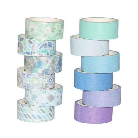 Blauwe Washi Tape Set 12 Rollen 15mm x 3m