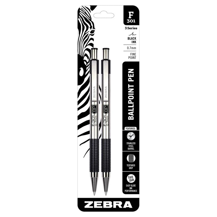Zebra F-301 Retractable Ballpoint Pen,Fine Point,0.7mm,Black,2 Pack