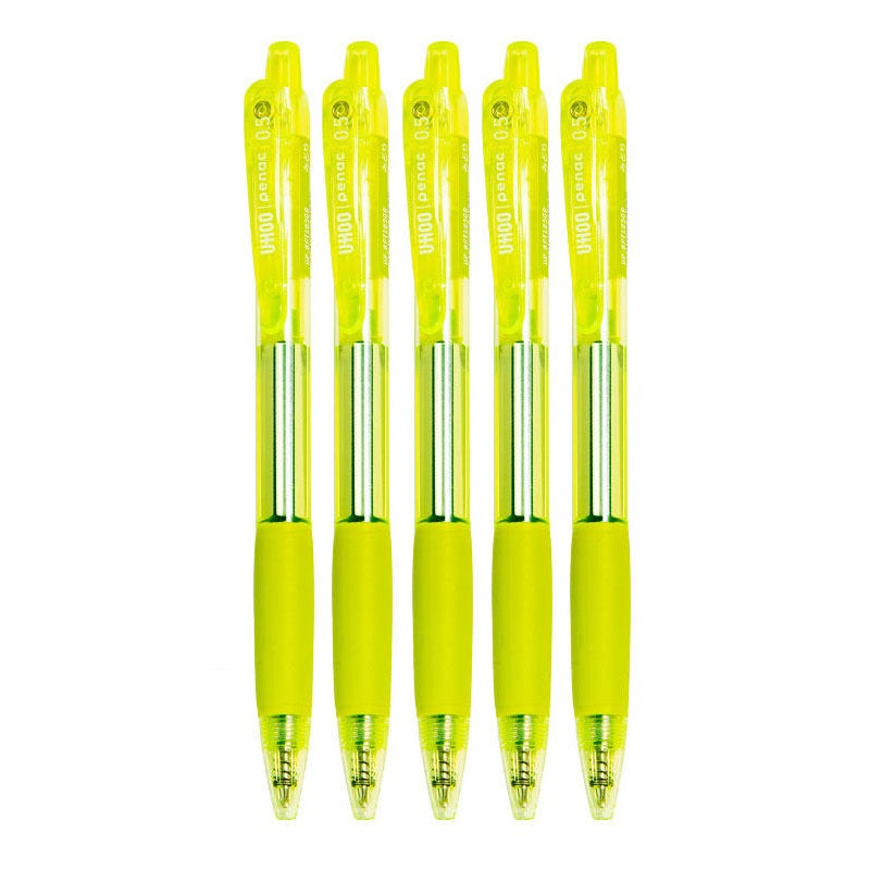 Penac UHOO Retractable Gel Pens, 0.5mm RRG Ink, 5-Colour Set 5 Yellow Green