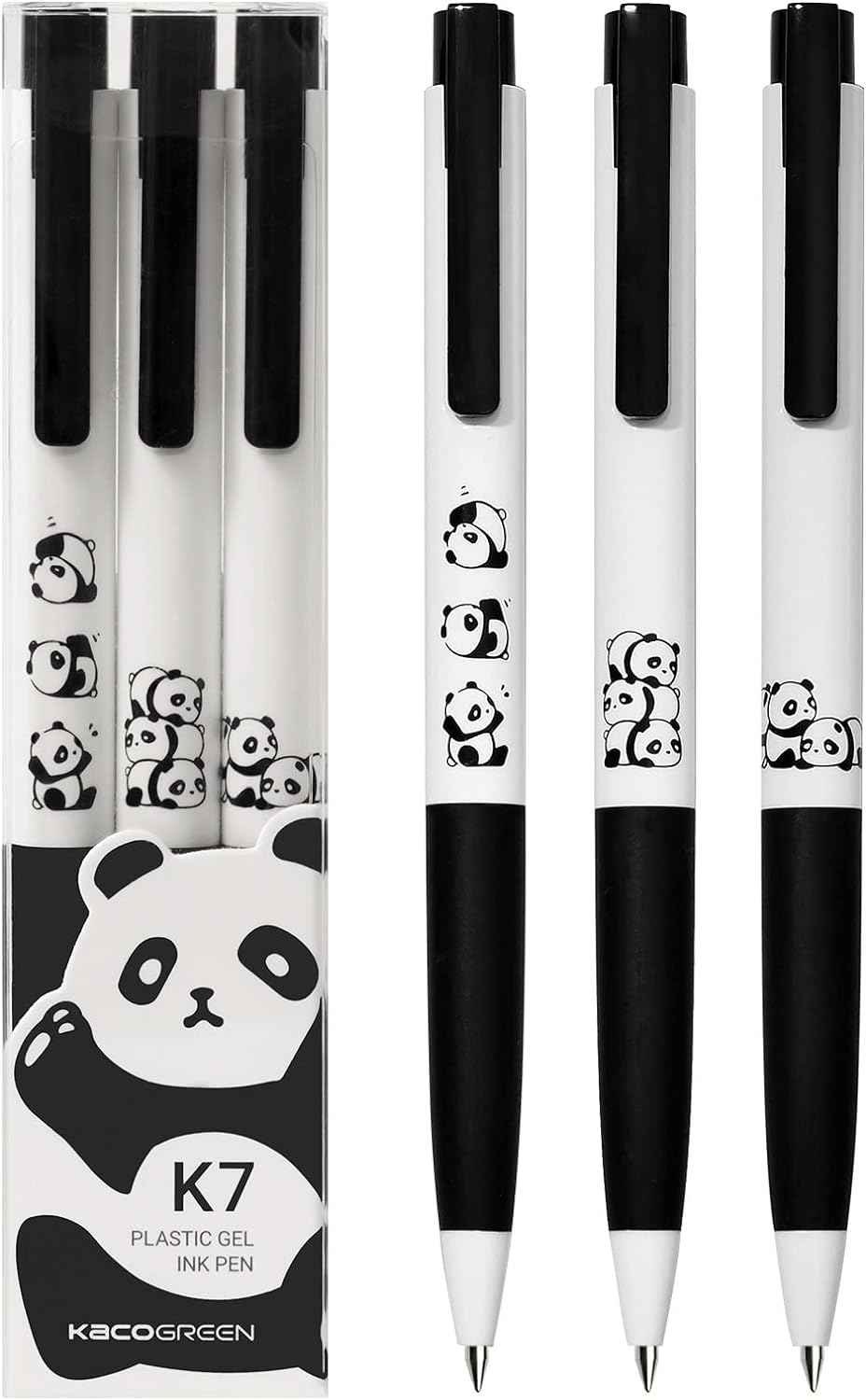 Kaco K7 Stylos à encre gel Panda mignon Encre noire 0,5 mm Pointe fine Lot de 3
