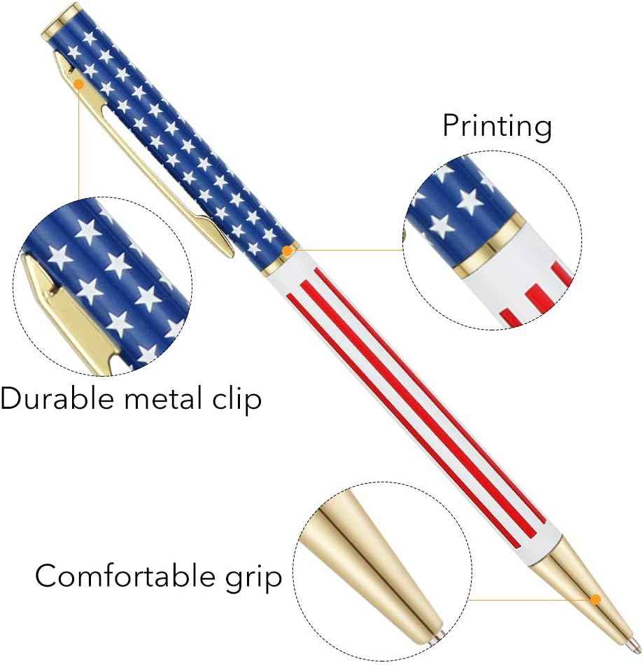 6 stuks slanke metalen intrekbare balpennen, zilver goud patriottische Amerikaanse vlag