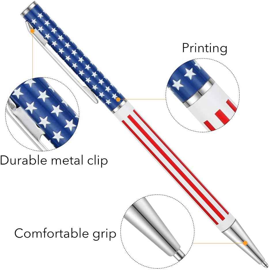 6 stuks slanke metalen intrekbare balpennen, zilver goud patriottische Amerikaanse vlag