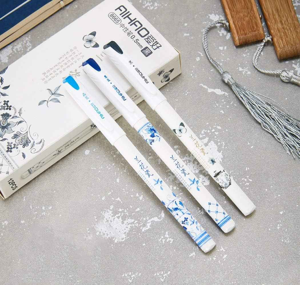 Bolígrafos de tinta de gel con diseño de porcelana de orquídea AIHAO, punta fina de 0,5 mm, paquete de 12