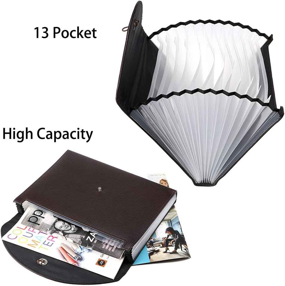 PU-läder 13-fickor A4-papper Expanding File Folder Document Organizer