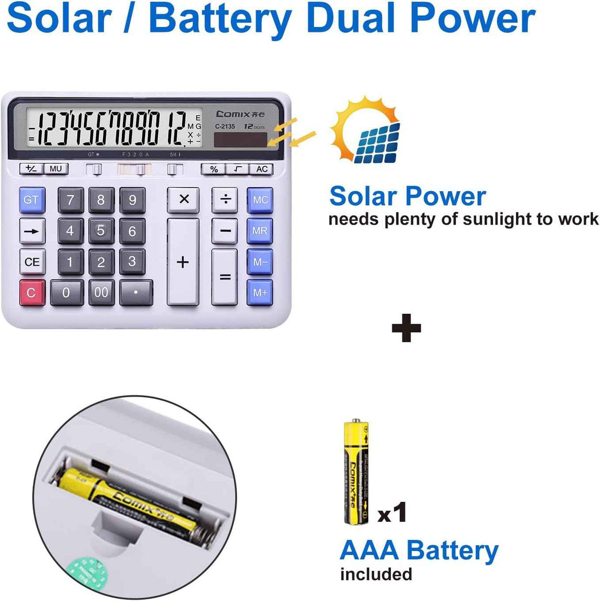 Calculadora de escritorio Comix C-2135 Batería solar Doble potencia con 12 dígitos
