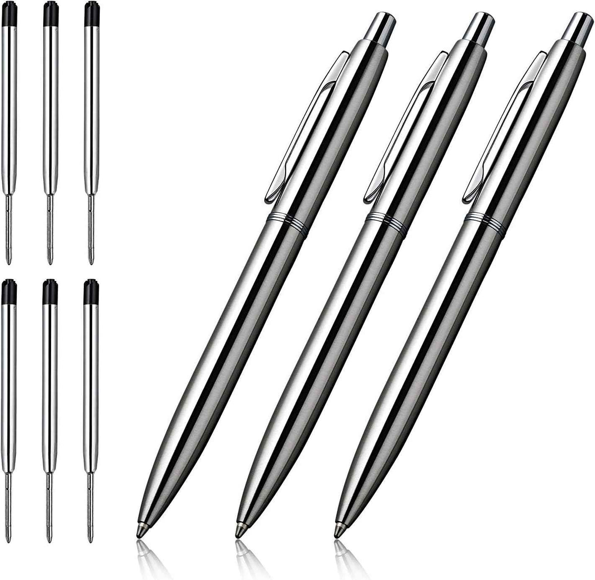 3Pcs Retractable Stainess Steel Metal Ballpoint Pens,6 Replaceable Refills