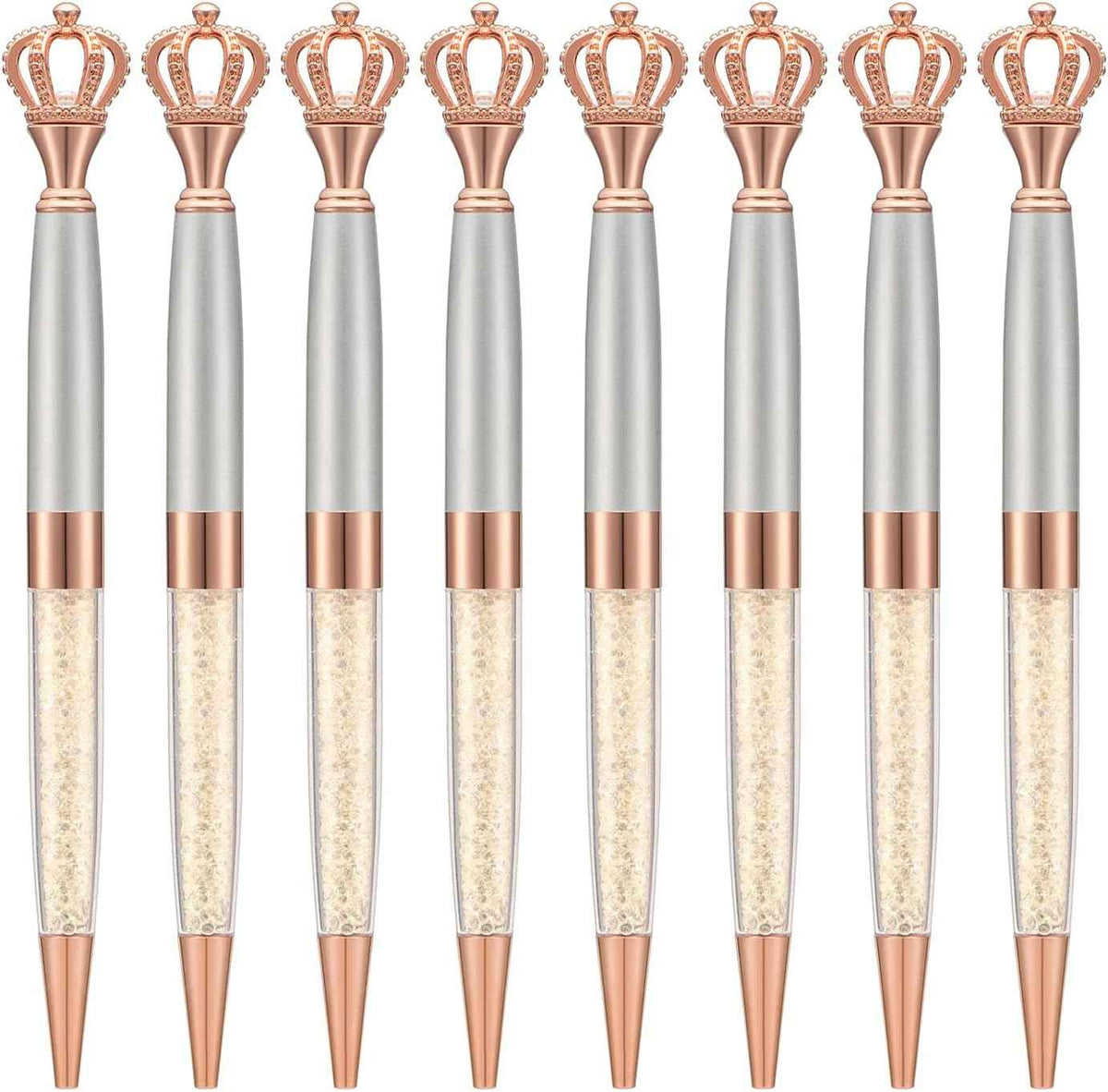 8 Pieces Crystal Crown Ballpoint Pen Set for Women Kid Girl Silver
