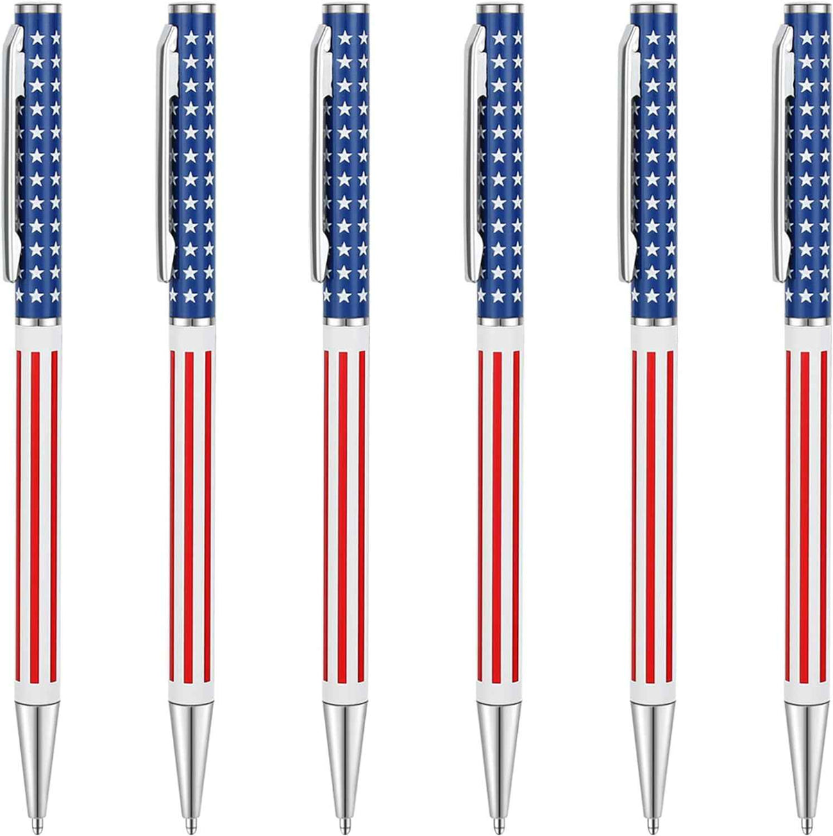 6 stuks slanke metalen intrekbare balpennen, zilver goud patriottische Amerikaanse vlag