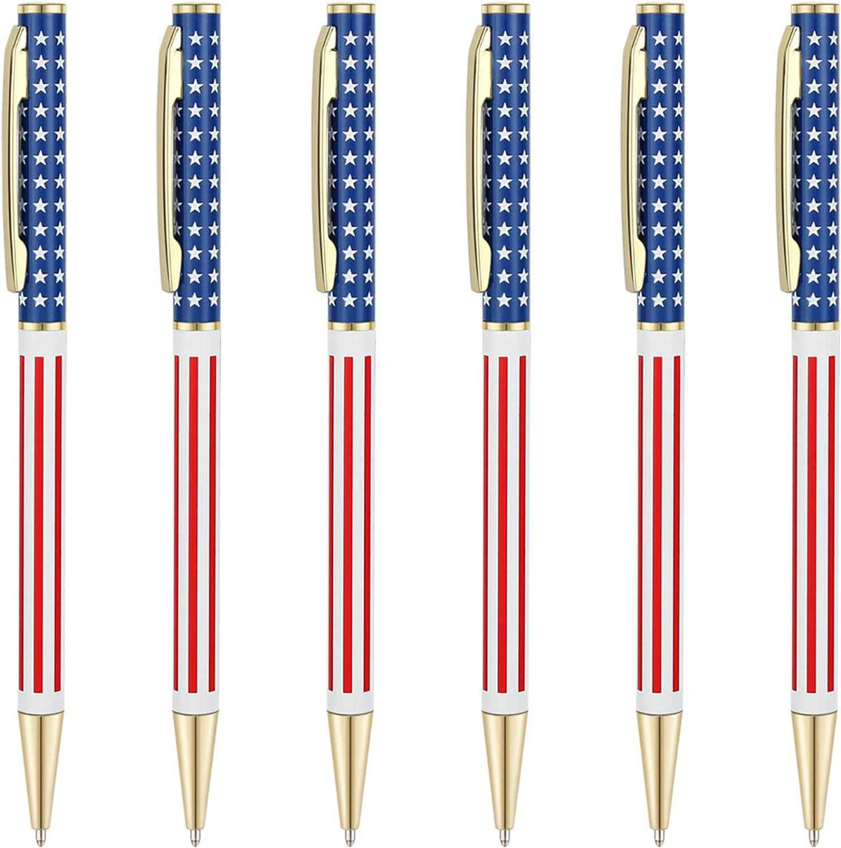 6 stuks slanke metalen intrekbare balpennen, zilver goud patriottische Amerikaanse vlag