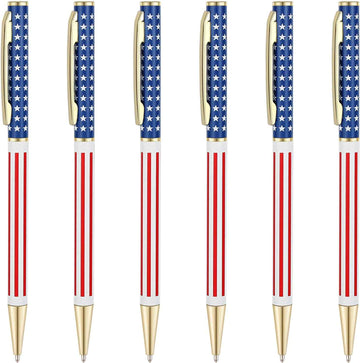 6 stuks slanke metalen intrekbare balpennen, zilver goud patriottische Amerikaanse vlag