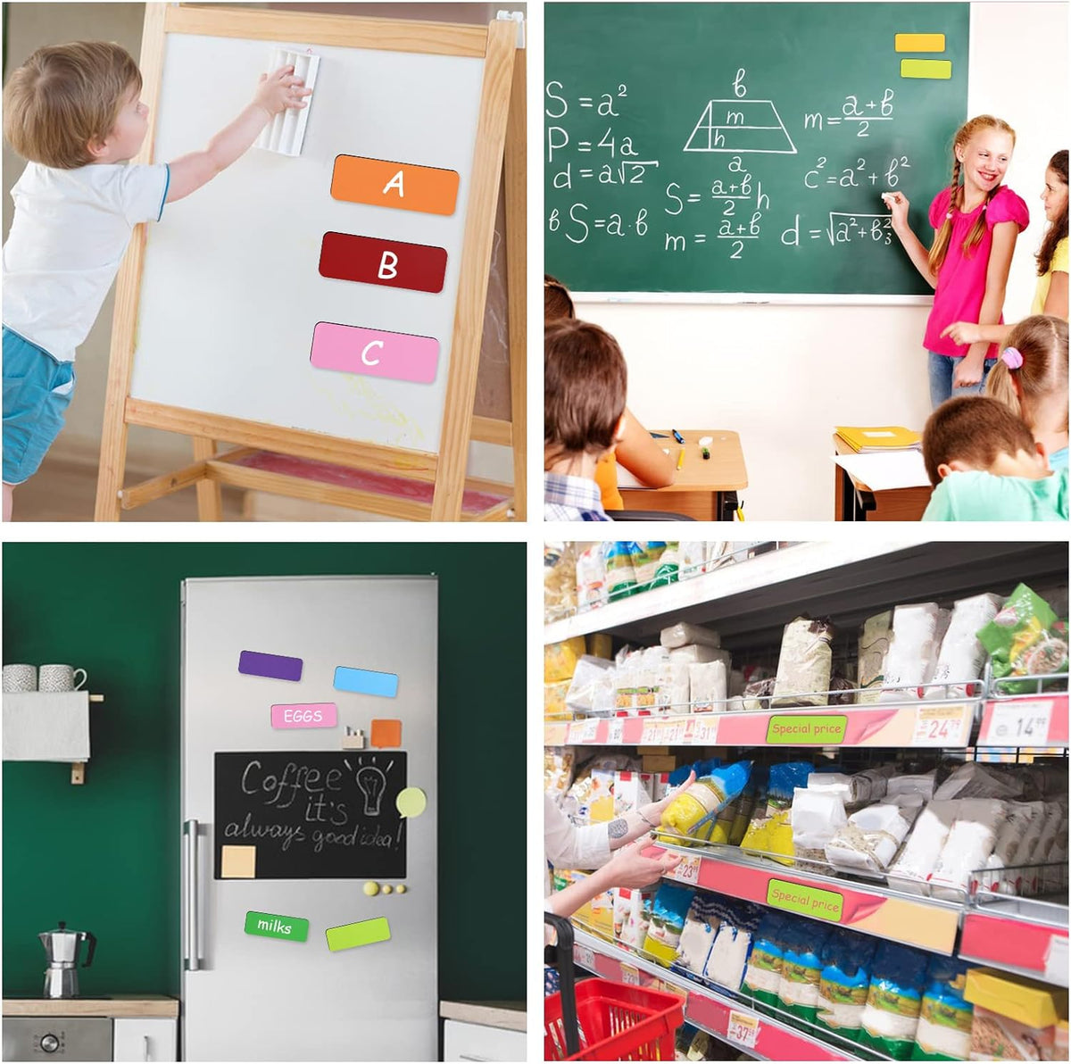 72 szt. Etykiet magnetycznych suchościeralnych, 3,2 x 1,2 cala do tablicy, lodówki (9 kolorów)