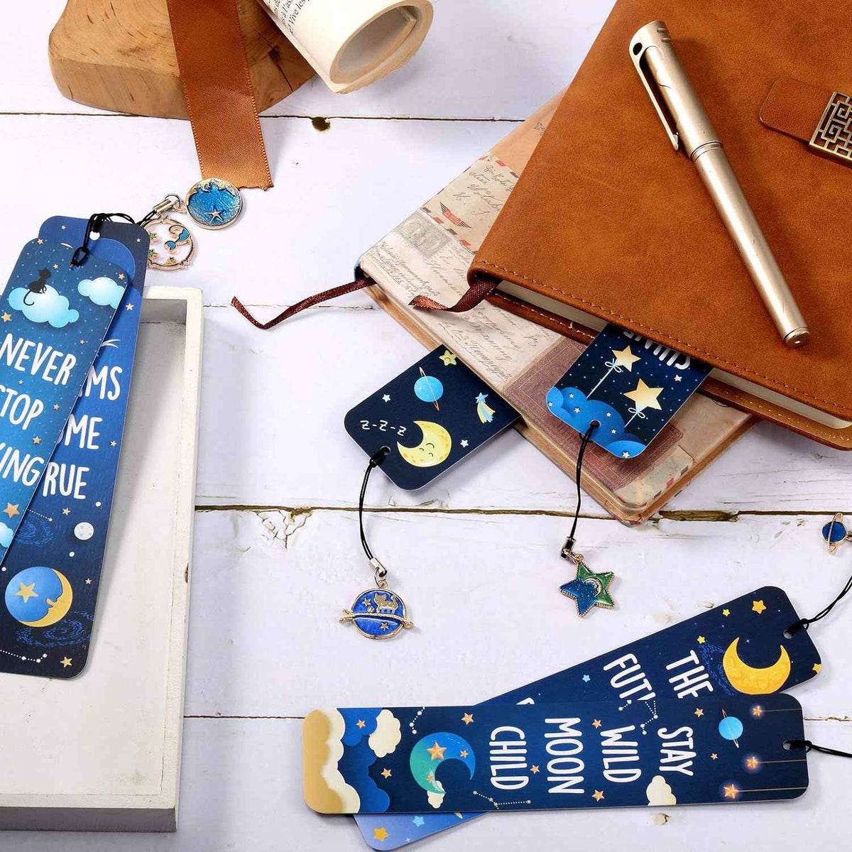12Pcs Cat Moon Star Space Bookmarks with Metal Charms
