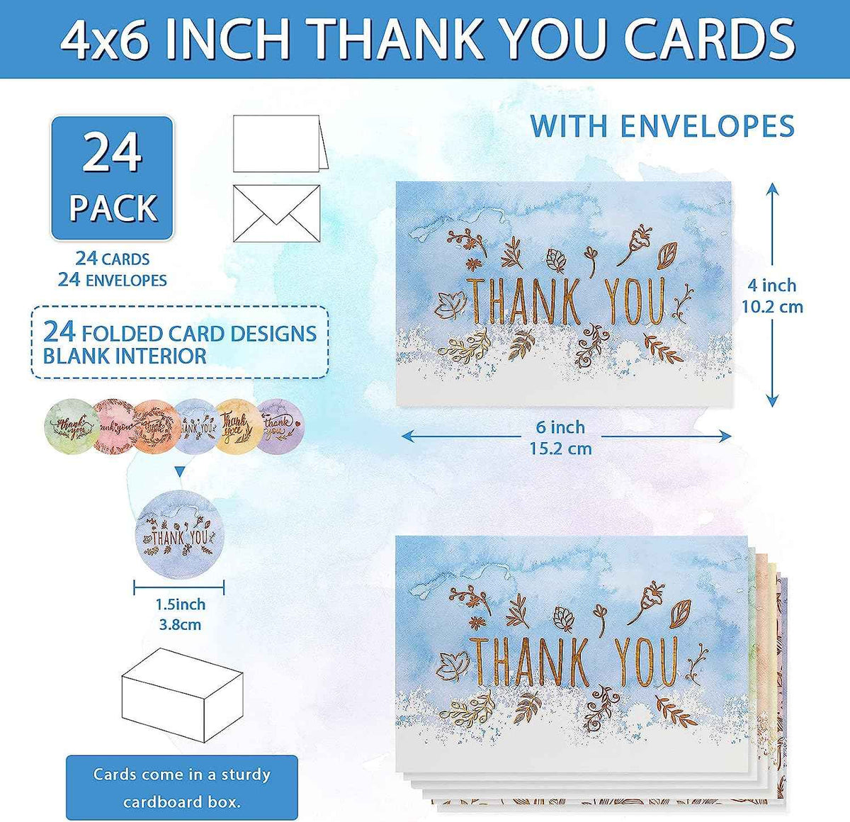 72 Pieces Watercolor Thank You Cards with Envelopes and Stickers Set