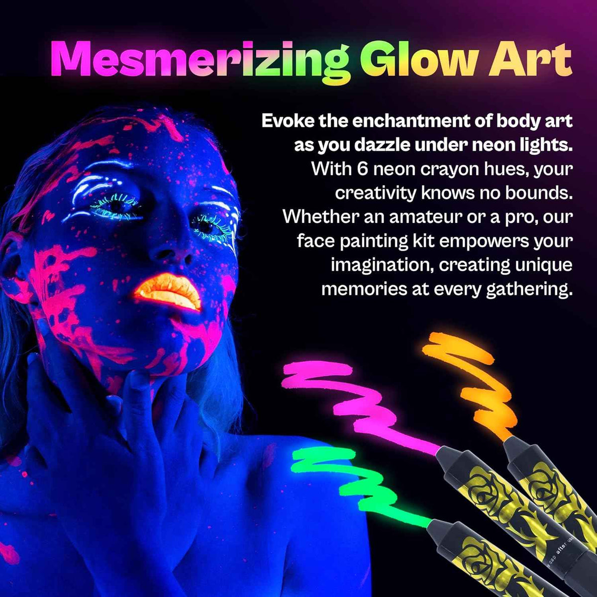12 Color Neon Glow In The Dark UV Paint Crayons & Face Paint Kit