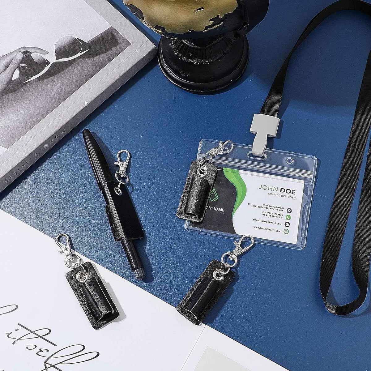 Portalápices de cuero portátil, 4 Uds., para porta credencial, cordón para el cuello (negro)