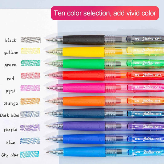Retractable Liquid Gel Pens with Grip,10 Assorted Ink Colors (0.5 MM)