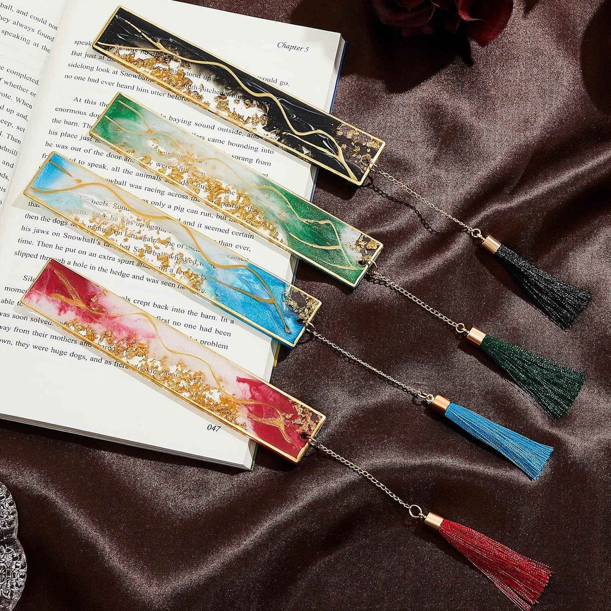 4Pcs Handmade Resin Bookmarks with Tassels